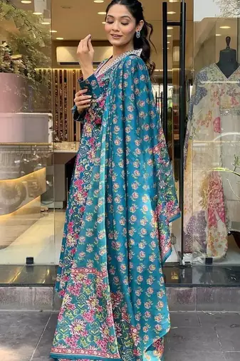 Women's  Cotton Printed Work Straight Kurta Pant and Dupatta Set