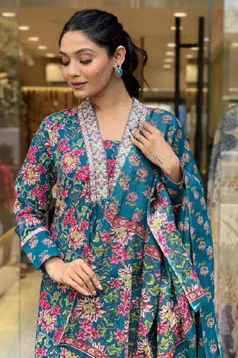 Women's  Cotton Printed Work Straight Kurta Pant and Dupatta Set