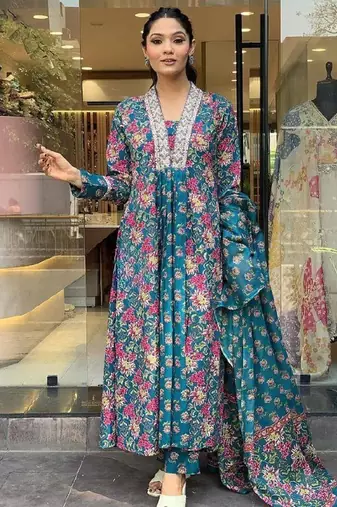 Women's  Cotton Printed Work Straight Kurta Pant and Dupatta Set