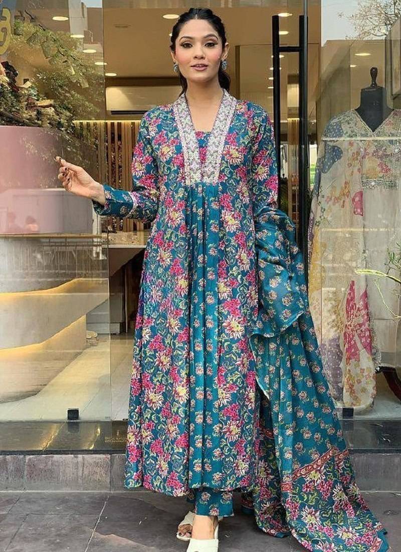 Women's Gorgeous Cotton Fabric Printed Work Straight Kurta Pant and Dupatta Set