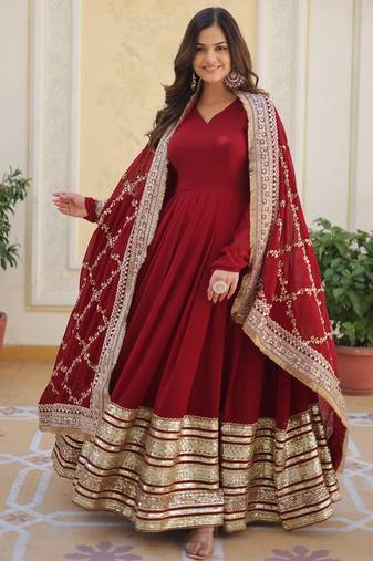 Maroon Heavy Zari & Sequins Embroidered Gown Set      Collection