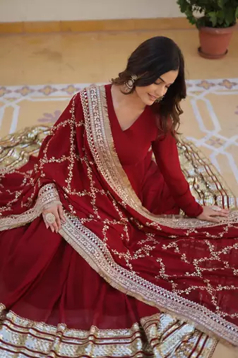 Maroon Heavy Zari & Sequins Embroidered Gown Set      Collection