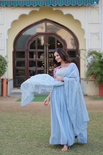 Sky Blue Printed & Embroidered Faux Blooming Gown     Party Wear Collection