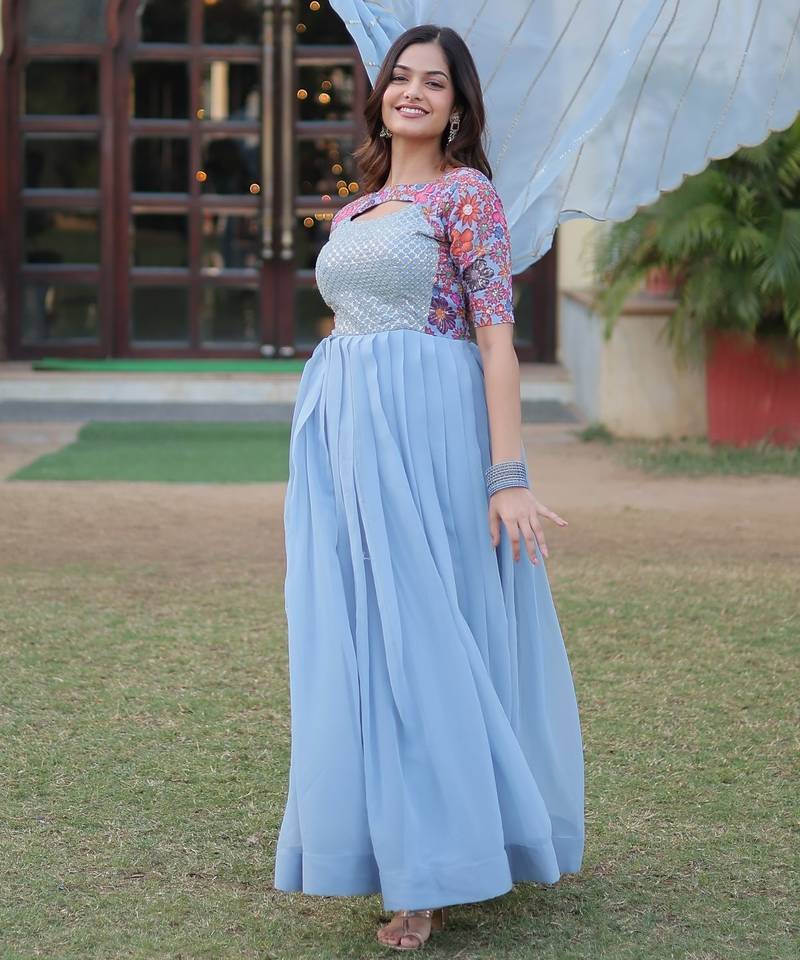 Sky Blue Printed & Embroidered Faux Blooming Gown     Party Wear Collection