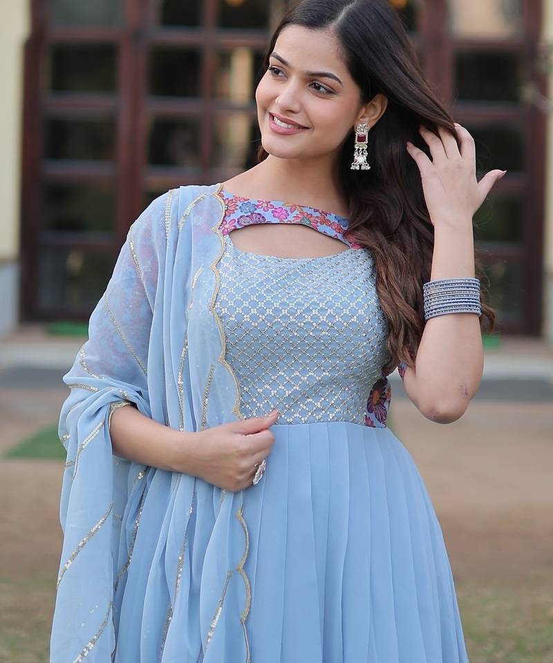 Sky Blue Printed & Embroidered Faux Blooming Gown     Party Wear Collection