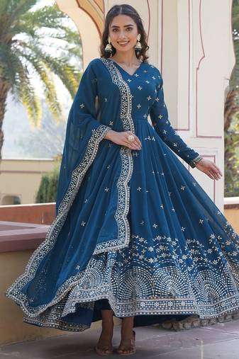 Rama Faux Georgette Embroidered Gown     Party & Function Wear
