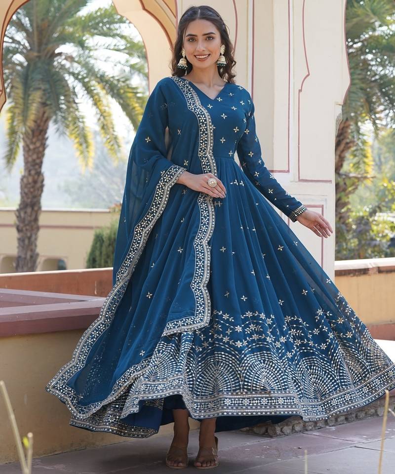 Rama Faux Georgette Embroidered Gown     Party & Function Wear