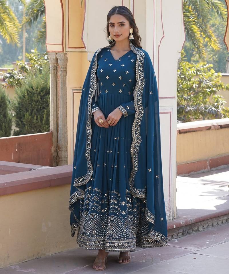 Rama Faux Georgette Embroidered Gown     Party & Function Wear