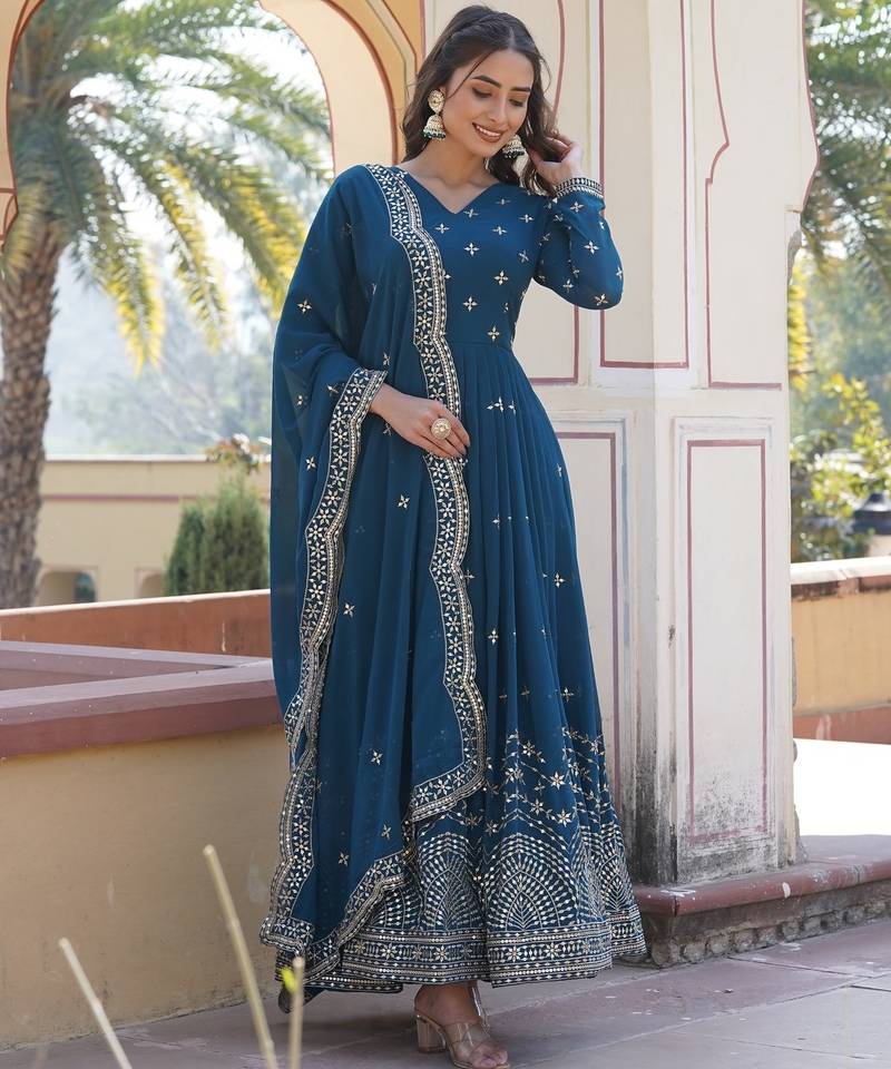 Rama Faux Georgette Embroidered Gown     Party & Function Wear