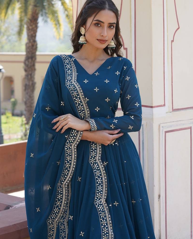 Rama Faux Georgette Embroidered Gown     Party & Function Wear