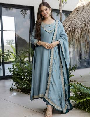  Vichitra Silk Embroidery Work Flared Anarkali Pant and Dupatta Set 1