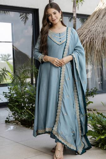 Women's Beautiful Vichitra Silk Fabric Embroidery Work Flared Anarkali Pant and Dupatta Set