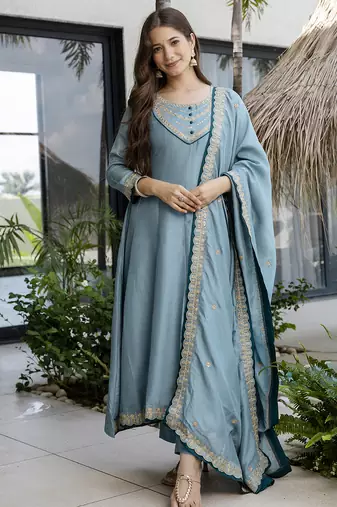 Women's Beautiful Vichitra Silk Fabric Embroidery Work Flared Anarkali Pant and Dupatta Set