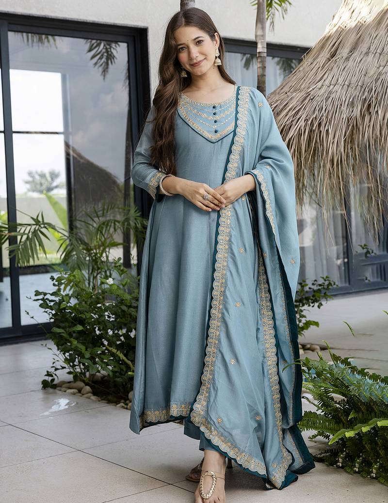 Women's Beautiful Vichitra Silk Fabric Embroidery Work Flared Anarkali Pant and Dupatta Set