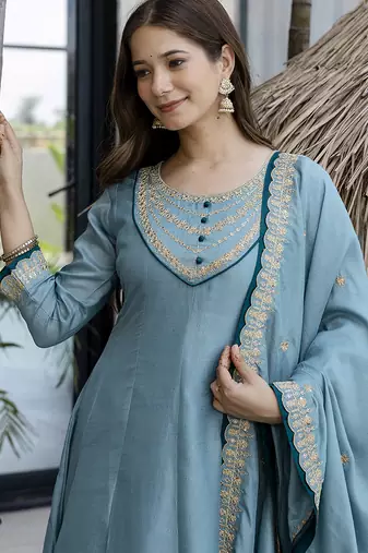  Vichitra Silk Embroidery Work Flared Anarkali Pant and Dupatta Set