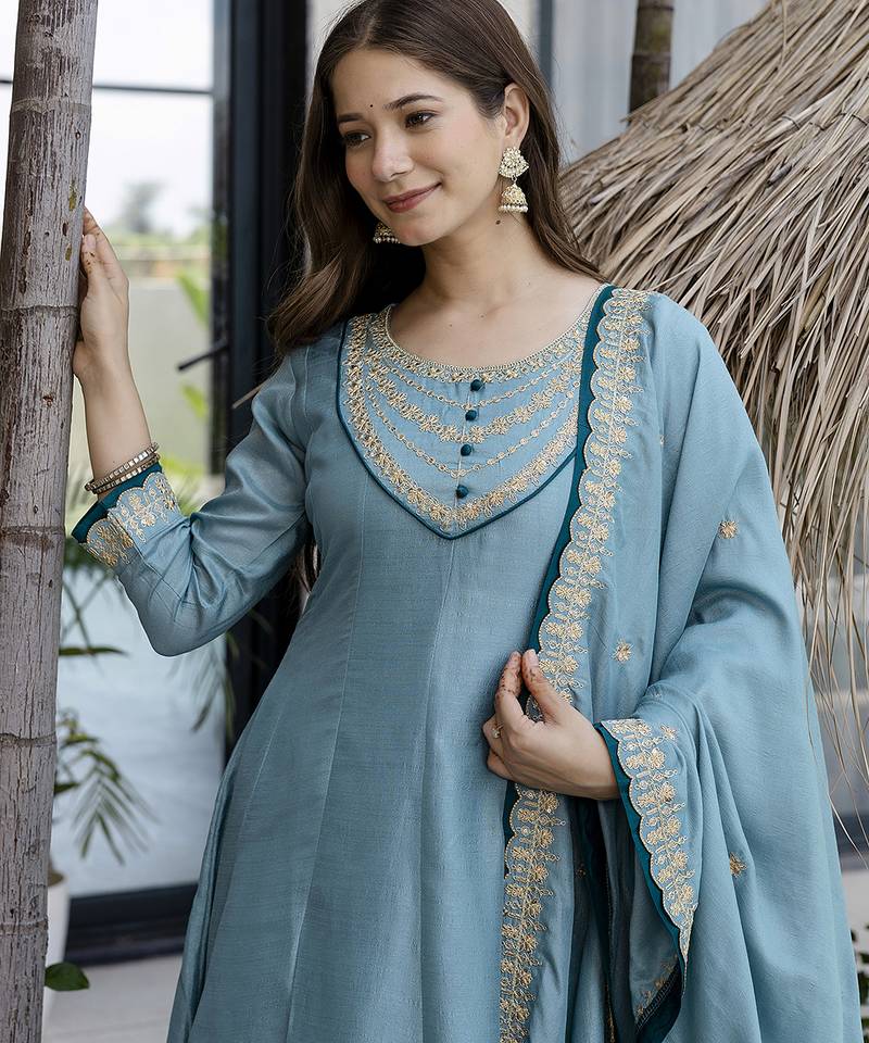 Women's Beautiful Vichitra Silk Fabric Embroidery Work Flared Anarkali Pant and Dupatta Set