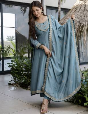  Vichitra Silk Embroidery Work Flared Anarkali Pant and Dupatta Set 3