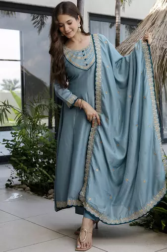  Vichitra Silk Embroidery Work Flared Anarkali Pant and Dupatta Set