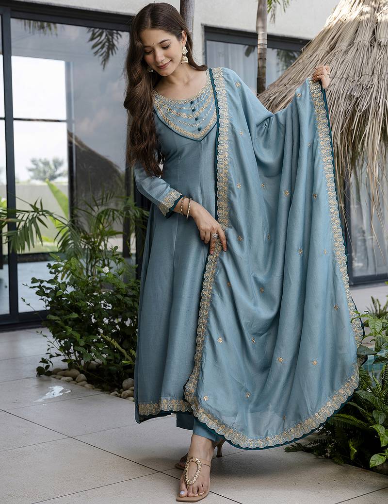 Women's Beautiful Vichitra Silk Fabric Embroidery Work Flared Anarkali Pant and Dupatta Set