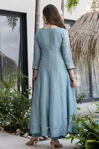  Vichitra Silk Embroidery Work Flared Anarkali Pant and Dupatta Set