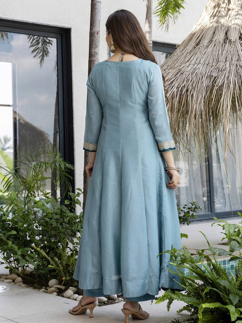 Women's Beautiful Vichitra Silk Fabric Embroidery Work Flared Anarkali Pant and Dupatta Set