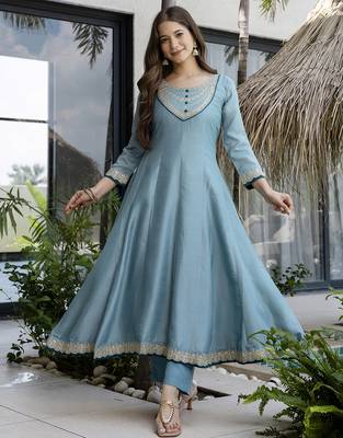  Vichitra Silk Embroidery Work Flared Anarkali Pant and Dupatta Set 5
