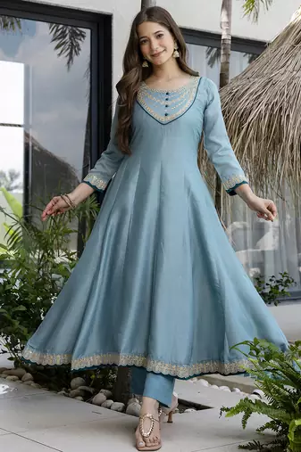  Vichitra Silk Embroidery Work Flared Anarkali Pant and Dupatta Set