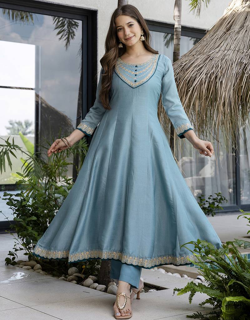 Women's Beautiful Vichitra Silk Fabric Embroidery Work Flared Anarkali Pant and Dupatta Set