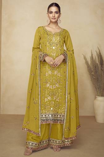 Mustard embroidered and handwork kurta palazzo suit