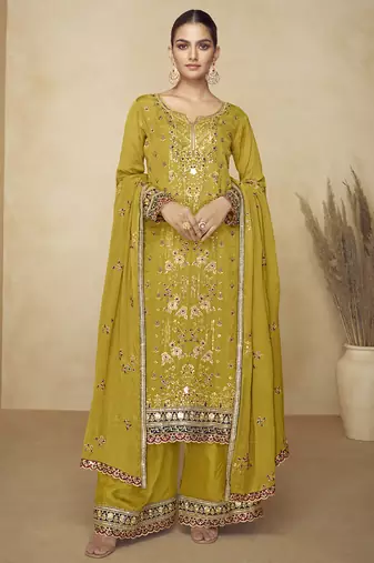 Mustard embroidered and handwork kurta palazzo suit