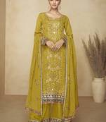 Mustard embroidered and handwork kurta palazzo suit