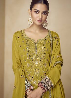 Mustard embroidered and handwork kurta palazzo suit 2