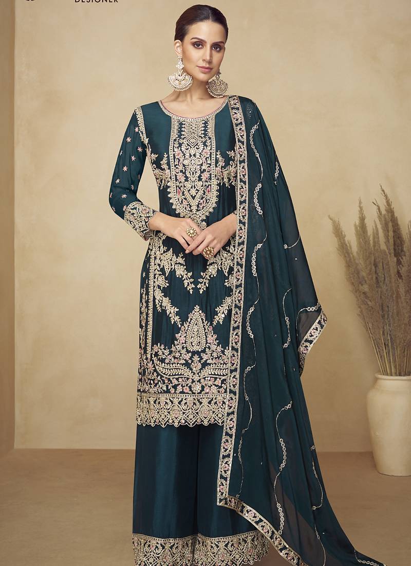 Aqua blue embroidered and handwork kurta palazzo suit