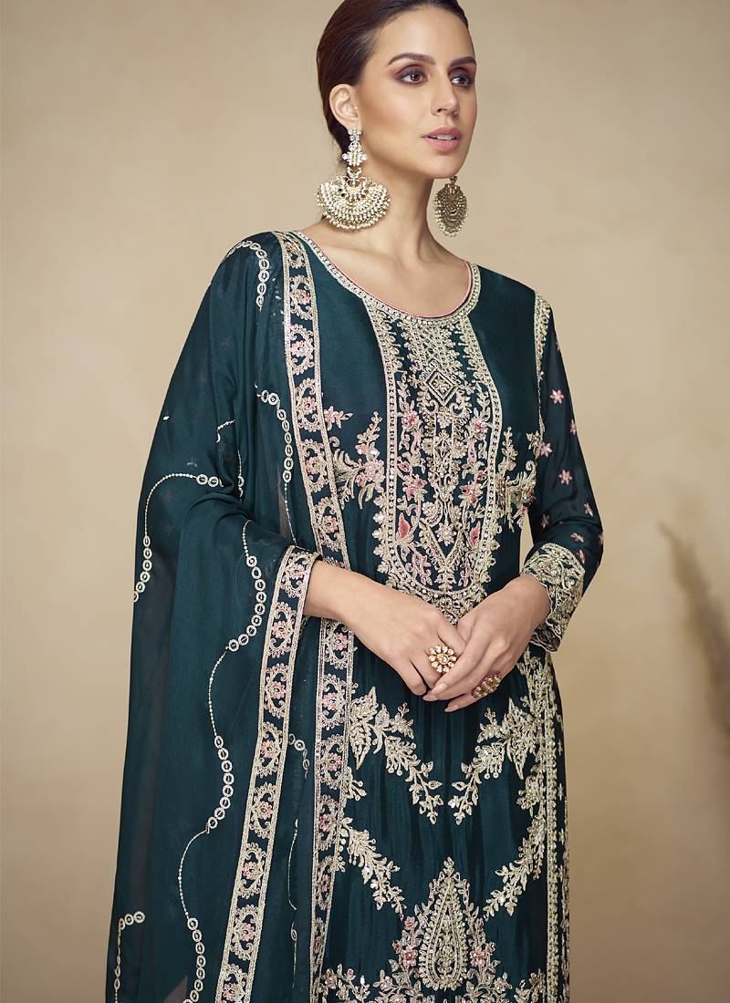 Aqua blue embroidered and handwork kurta palazzo suit