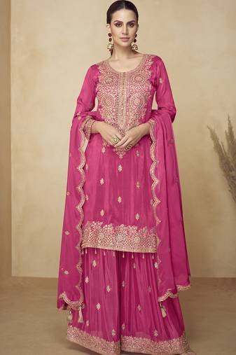 Pink embroidered and handwork kurta palazzo suit