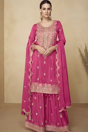 Pink embroidered and handwork kurta palazzo suit