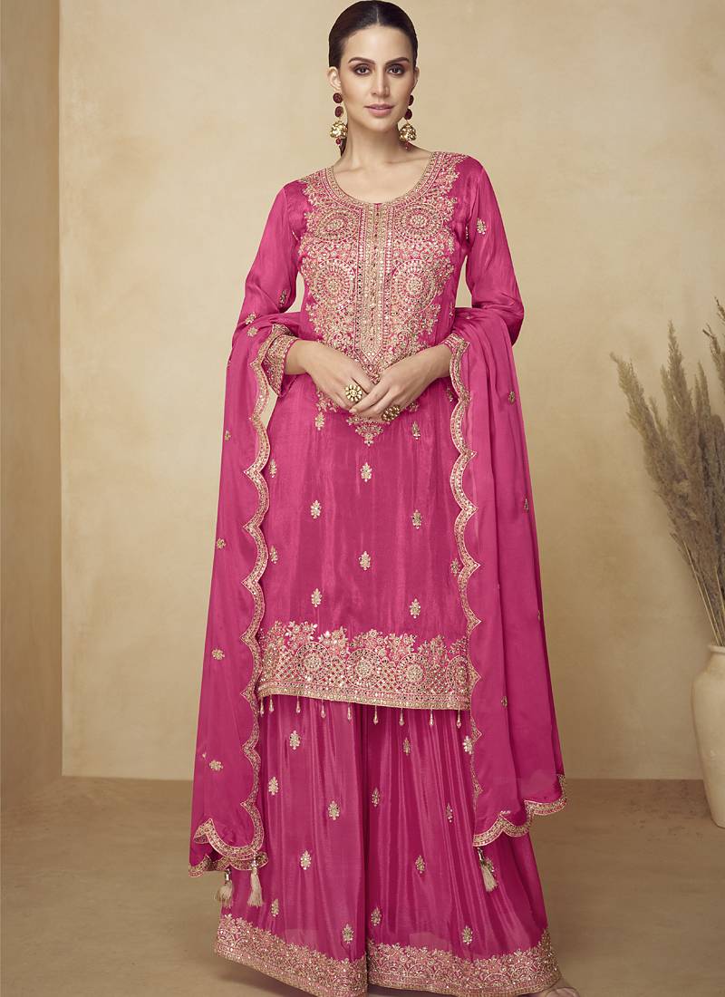 Pink embroidered and handwork kurta palazzo suit
