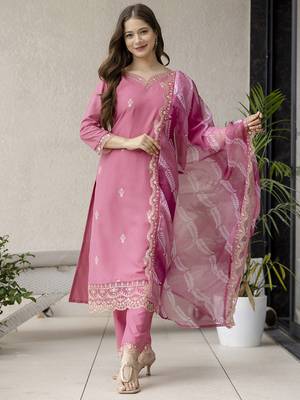  Rayon Embroidery Work Straight Kurta Pant and Dupatta Set 1