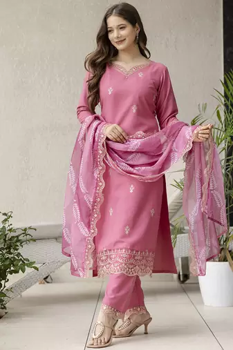  Rayon Embroidery Work Straight Kurta Pant and Dupatta Set