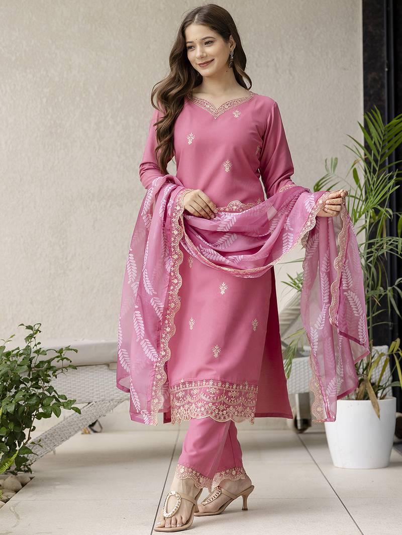 Women's Beautiful Rayon Fabric Embroidery Work Straight Kurta Pant and Dupatta Set