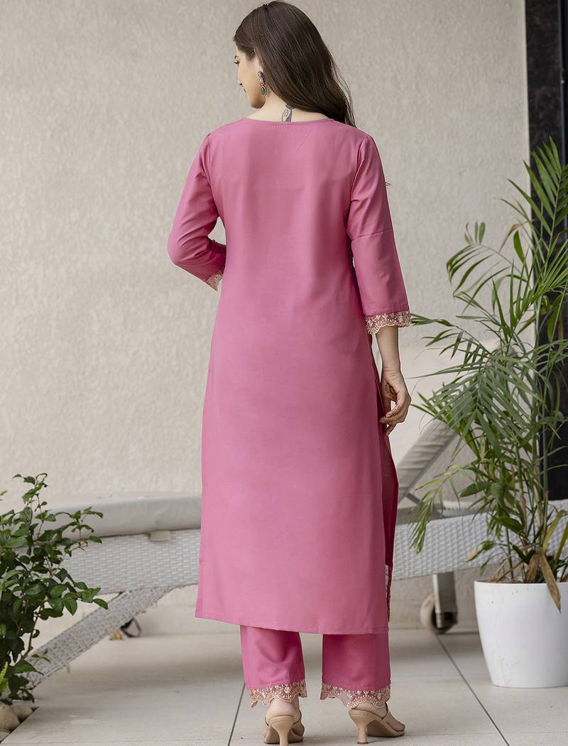 Women's Beautiful Rayon Fabric Embroidery Work Straight Kurta Pant and Dupatta Set