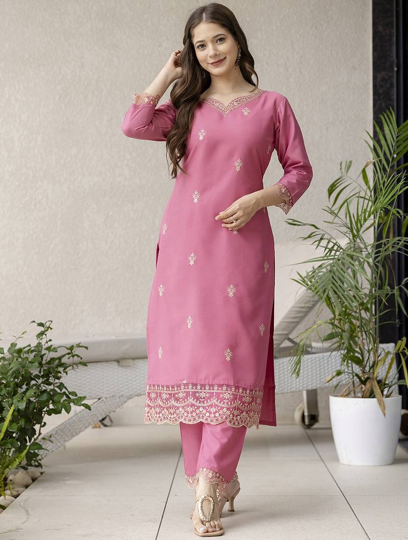 Women's Beautiful Rayon Fabric Embroidery Work Straight Kurta Pant and Dupatta Set