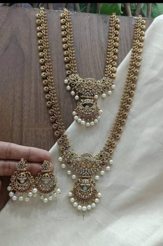 Antique temple design bridal necklace set with chandbali earrings pearl embellished gold plated traditional jewelry