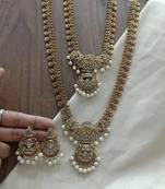 Antique temple design bridal necklace set with chandbali earrings pearl embellished gold plated traditional jewelry