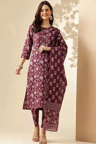 Floral printed rayon kurti and pant with printed dupatta
