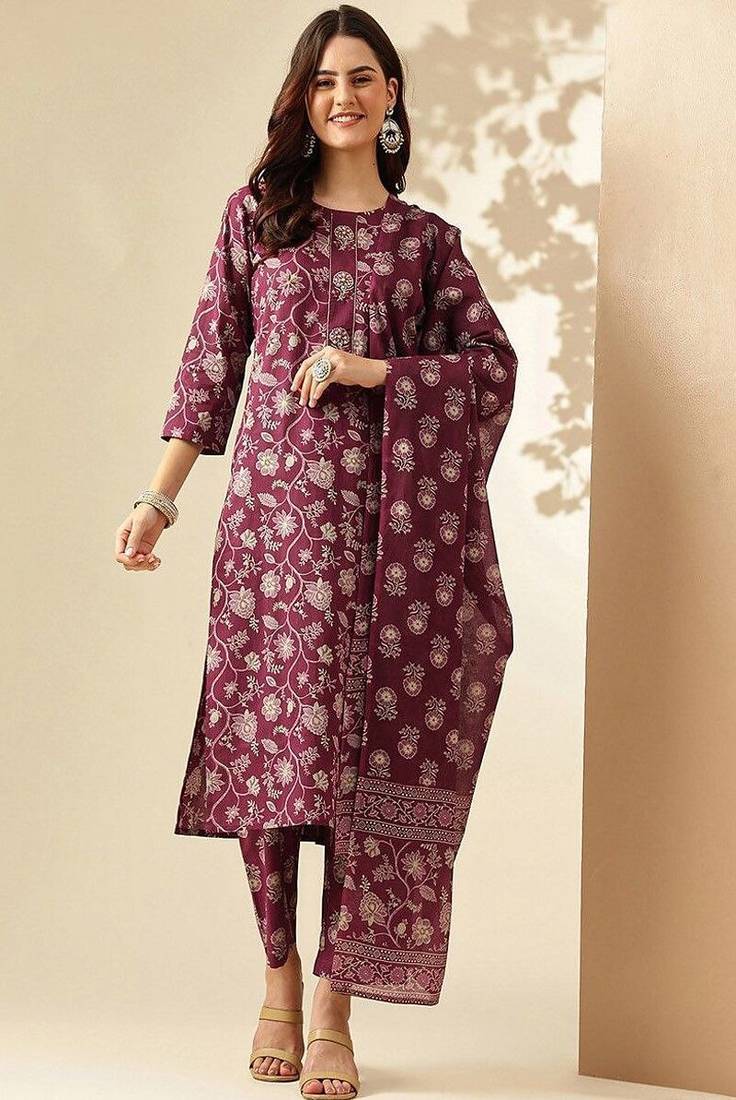 Floral printed rayon kurti and pant with printed dupatta