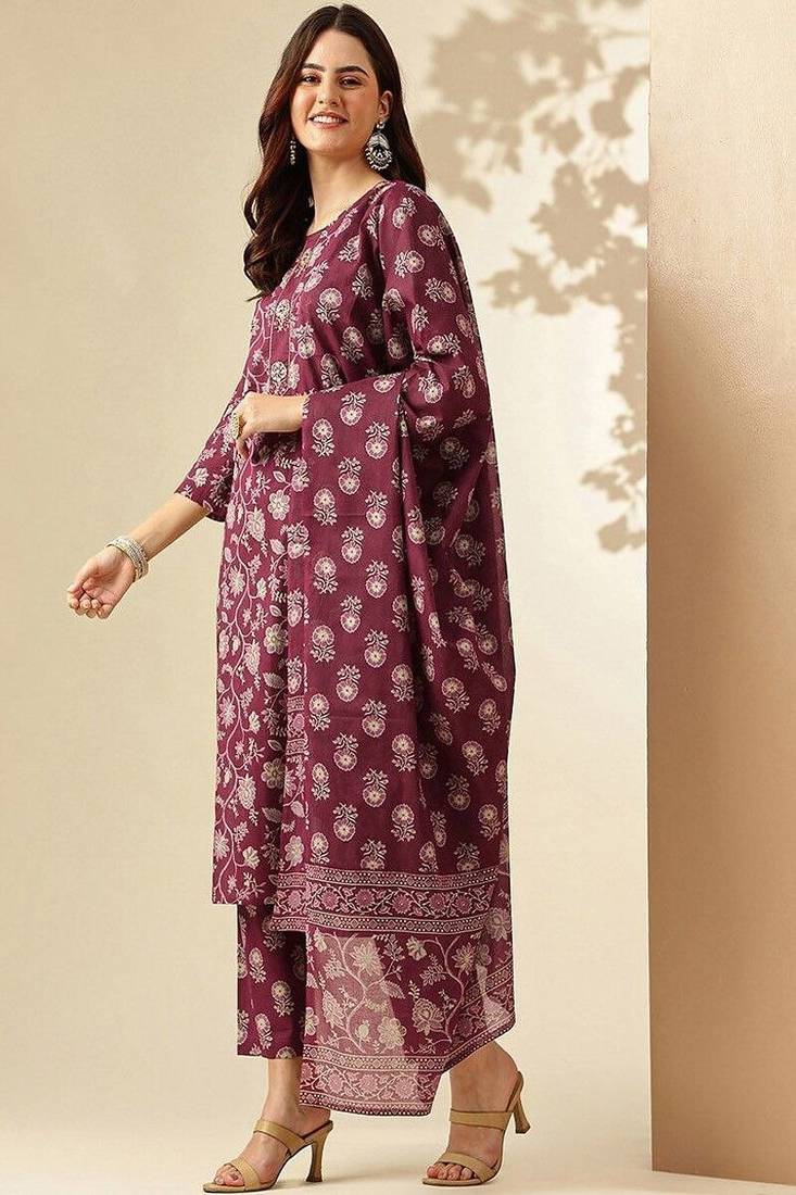 Floral printed rayon kurti and pant with printed dupatta
