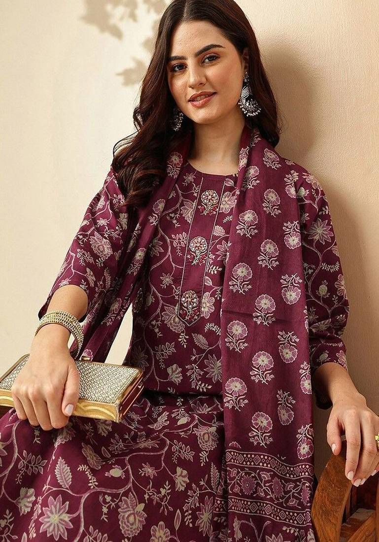 Floral printed rayon kurti and pant with printed dupatta