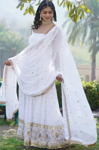 White Faux Blooming Embroidered Gown     Bridal & Festive Elegance