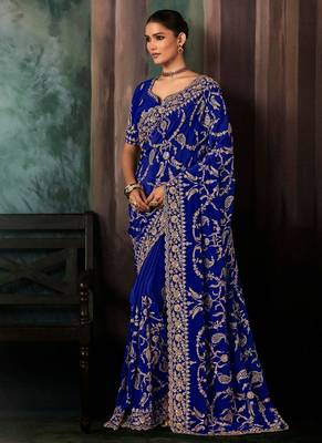 Blue fancy hand work border with heavy designer blouse  wedding wear saree 1